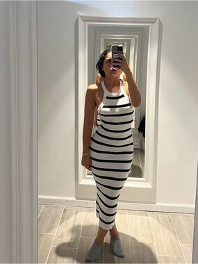 White and Black Striped Ribbed Midi Dress